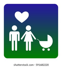 Family symbol with pram and heart. Husband and wife are kept each other`s hands. Love. Vector. White icon at green-blue gradient square with rounded corners on white background. Isolated.