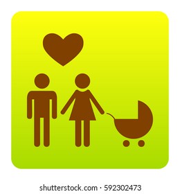 Family symbol with pram and heart. Husband and wife are kept each other`s hands. Love. Vector. Brown icon at green-yellow gradient square with rounded corners on white background. Isolated.