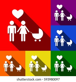 Family symbol with pram and heart. Husband and wife are kept each other`s hands. Love. Vector. Set of icons with flat shadows at red, orange, yellow, green, blue and violet background.