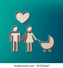 Family symbol with pram and heart. Husband and wife are kept each other`s hands. Love. Vector. Icon printed at 3d on sea color background.