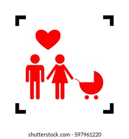 Family symbol with pram and heart. Husband and wife are kept each other`s hands. Love. Vector. Red icon inside black focus corners on white background. Isolated.