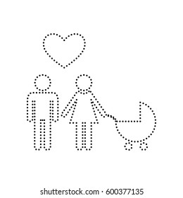 Family symbol with pram and heart. Husband and wife are kept each other`s hands. Love. Vector. Black dotted icon on white background. Isolated.