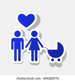 Family symbol with pram and heart. Husband and wife are kept each other`s hands. Love. Vector. New year bluish icon with outside stroke and gray shadow on light gray background.