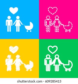 Family symbol with pram and heart. Husband and wife are kept each other`s hands. Love. Four styles of icon on four color squares.