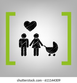 Family symbol with pram and heart. Husband and wife are kept each other`s hands. Love. Vector. Black scribble icon in citron brackets on grayish background.