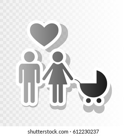 Family symbol with pram and heart. Husband and wife are kept each other`s hands. Love. Vector. New year blackish icon on transparent background with transition.