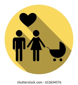 Family symbol with pram and heart. Husband and wife are kept each other`s hands. Love. Vector. Flat black icon with flat shadow on royal yellow circle with white background. Isolated.