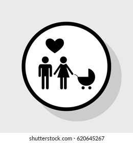 Family symbol with pram and heart. Husband and wife are kept each other`s hands. Love. Vector. Flat black icon in white circle with shadow at gray background.