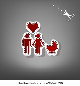 Family symbol with pram and heart. Husband and wife are kept each other`s hands. Love. Vector. Red icon with for applique from paper with shadow on gray background with scissors.