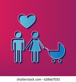 Family symbol with pram and heart. Husband and wife are kept each other`s hands. Love. Vector. Blue 3d printed icon on magenta background.