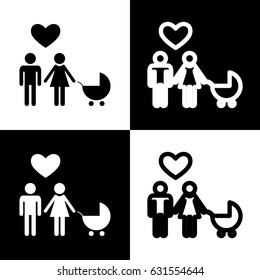 Family symbol with pram and heart. Husband and wife are kept each other`s hands. Love. Vector. Black and white icons and line icon on chess board.