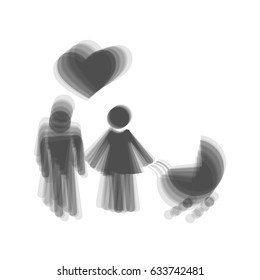 Family symbol with pram and heart. Husband and wife are kept each other`s hands. Love. Vector. Gray icon shaked at white background.