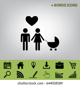 Family symbol with pram and heart. Husband and wife are kept each other`s hands. Love. Vector. Black icon at gray background with bonus icons