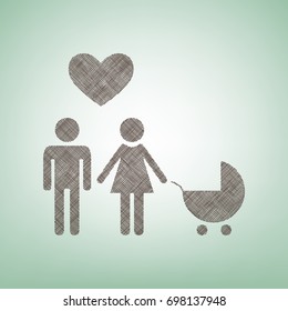 Family symbol with pram and heart. Husband and wife are kept each other's hands. Love. Vector. Brown flax icon on green background with light spot at the center.