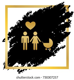 Family symbol with pram and heart. Husband and wife are kept each other's hands. Love. Vector. Golden icon at black spot inside golden frame on white background.