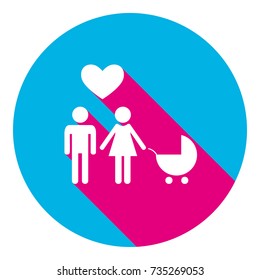 Family symbol with pram and heart. Husband and wife are kept each other's hands. Love. Vector. Flat white icon with mexican pink shadow inside sky blue(S and G) circle at white background. Isolated.