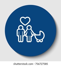 Family symbol with pram and heart. Husband and wife are kept each other's hands. Love. Vector. White contour icon in dark cerulean circle at white background. Isolated.