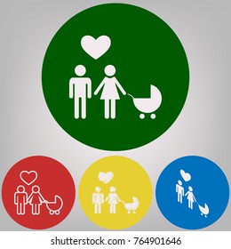 Family symbol with pram and heart. Husband and wife are kept each other's hands. Love. Vector. 4 white styles of icon at 4 colored circles on light gray background.