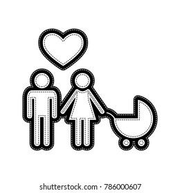 Family symbol with pram and heart. Husband and wife are kept each other's hands. Love. Vector. Flat style black icon on white.