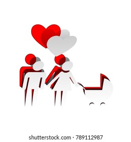 Family symbol with pram and heart. Husband and wife are kept each other's hands. Love. Vector. Detachable paper icon with red body stock. Isolated.