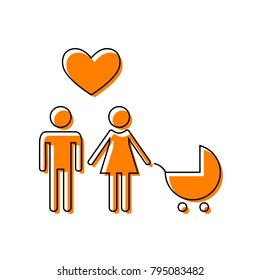 Family symbol with pram and heart. Husband and wife are kept each other's hands. Love. Vector. Black line icon with shifted flat orange filled icon on white background. Isolated.