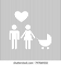 Family symbol with pram and heart. Husband and wife are kept each other's hands. Love. Vector. White icon on grayish striped background. Optical illusion.