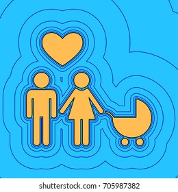 Family symbol with pram and heart. Love. Vector. Sand color icon with black contour and equidistant blue contours like field at sky blue background. Like waves on map - island in ocean or sea.