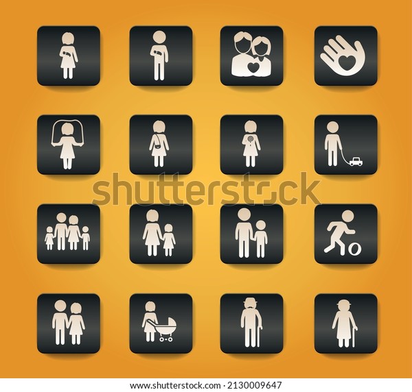 Family\
symbols on black buttons on yellow\
background