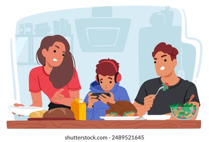 Family At The Table During Dinner, With Teenager Using A Phone. Vector Scene Depicts Modern Technology Use And Mealtime Interactions. Cartoon Image Illustrates Contemporary Life In A Household