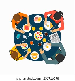 Family at the table eating healthy breakfast  in kitchen in flat design style, vector illustration. Breakfast icons set 