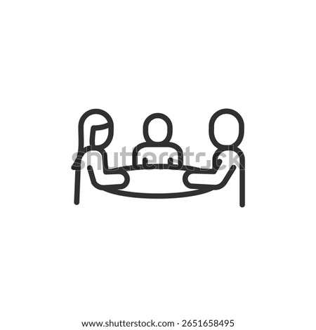 Family at table, linear icon. Mealtime or discussion. Line with editable stroke.