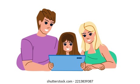 family tablet vector. home child, father daughter, mother technology, happy internet, fun digital, lifestyle computer family tablet character. people flat cartoon illustration