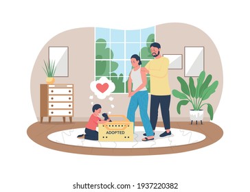 Family take cat home 2D vector web banner, poster. Kid with kitty. Happy parents with child flat characters on cartoon background. Homeless pet adoption printable patch, colorful web element