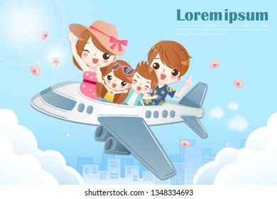 family take a plane and travel happily