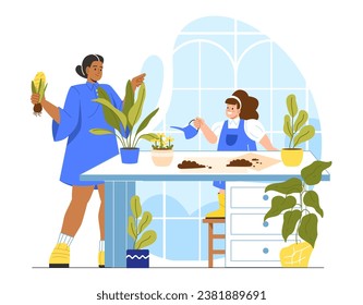 Family takes care of plants concept. Woman with daughter near flowerpots with plants. Horticulture and gardening. Comfort and coziness indoor. Little helper. Cartoon flat vector. 3D Illustration