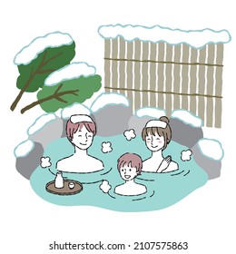 A family takes an outdoor bath in the snowy landscape.