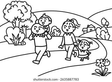 A family takes their children to play in the park coloring pages style.