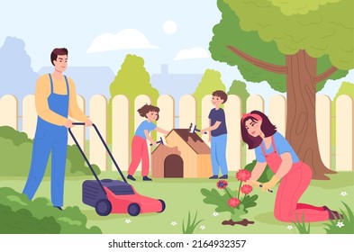 Family Taking Care Of Garden In Backyard. Father Mowing Lawn, Mother Planting Flower, Children Painting Dog House Flat Vector Illustration. Family, Gardening, Spring Concept For Banner, Website Design