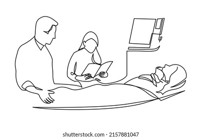 Family taking care to illness mother reading book at clinic resuscitation continuous line vector