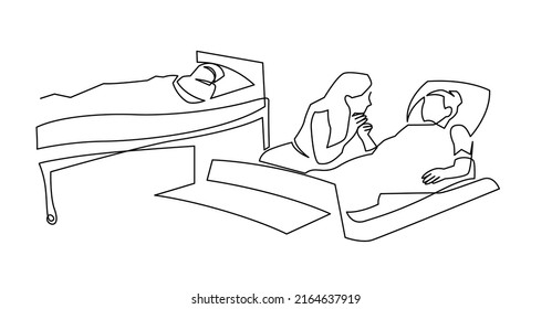 Family taking care to care to illness patient lying on medical bed at clinic minimalist continuous line vector illustration.