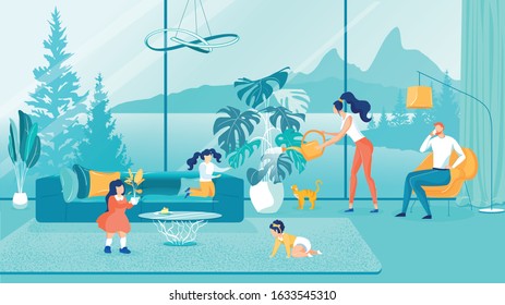 Family Taking Care Plants Together while Father Talking on Mobile Phone Flat Cartoon Vector Illustration. Mother Watering Flower, Daughters Helping Children. Baby on Floor in Living Room.