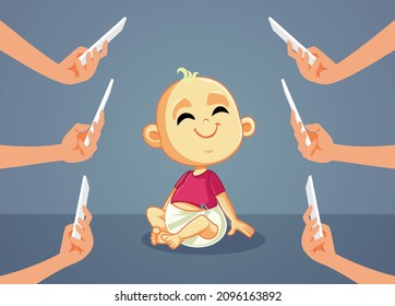 

Familie nimmt viele Bilder von Cute Little Baby Vector Cartoon. Eltern und Verwandte, die jeden Schritt der Entwicklung von Säuglingen aufzeichnen 
