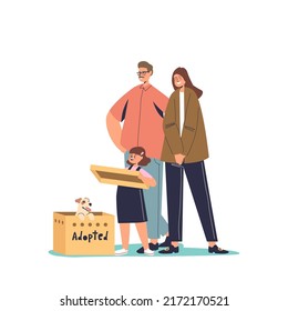 Family taking puppy from shelter. Happy parents and girl kid adopting dog. People taking home abandoned pet. Animals care and volunteer concept. Cartoon flat vector illustration