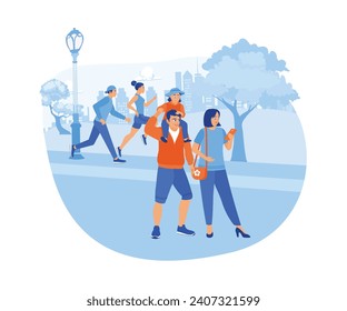  The family is taking a walk in the city park. They spent a weekend holiday together. Urban panorama with pedestrians concept. trend modern flat vector illustration