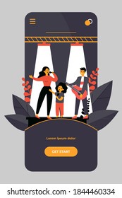 Family Talent Show. Woman And Children Singing With Mic, Man Playing Guitar On Stage Flat Vector Illustration. Musical Performance, Entertainment Concept For Banner, Website Design Or Landing Web Page