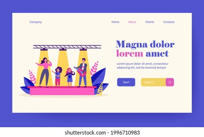 Family Talent Show. Woman And Children Singing With Mic, Man Playing Guitar On Stage Flat Vector Illustration. Musical Performance, Entertainment Concept For Banner, Website Design Or Landing Web Page