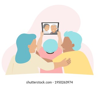 Family talk flat vector illustration. mom dad and children and grandchildren chatting and talking together by online video call use tablet .