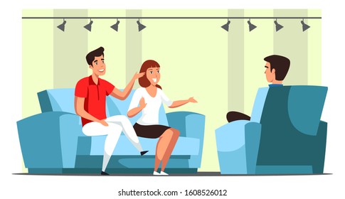 Family talk show and participants interviewing in studio. Man and woman sitting on sofa front of male interviewer in armchair. Mass media and broadcasting. Vector flat cartoon illustration