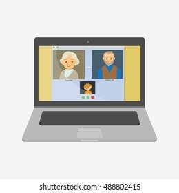 Family talking on scype. Laptop vector illustration icon. Flat design style. Skype video chat. Family skype.Laptop icon.macbook, laptop vector. Apple vector.Macbook vector.iMac vector.Mac icon. 