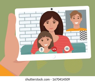 Family talking on video call on tablet. Video call concept. Vector illustration in flat style